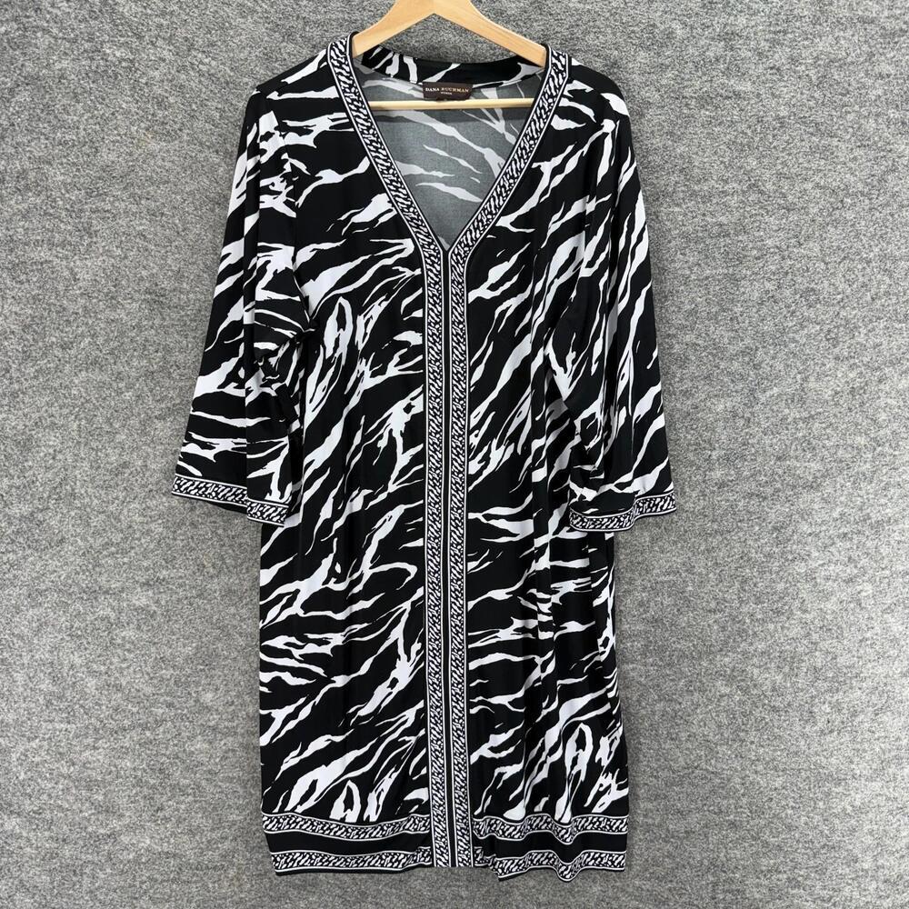 Dana Buchman Dress Women 1X Plus Black Animal Print Shift Midi V-Neck 3/4 Sleeve